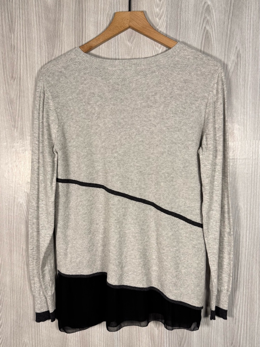 OST New York Cotton Cashmere Gray Geometric Sweater Chiffon Trim Sz L - Picture 2 of 9